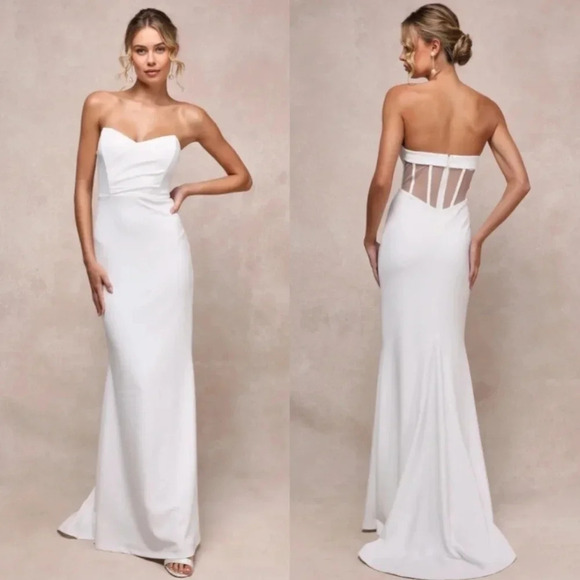 Lulus Iconic Arrival White Mesh Strapless Bustier Mermaid Maxi Dress Wedding - Picture 1 of 10